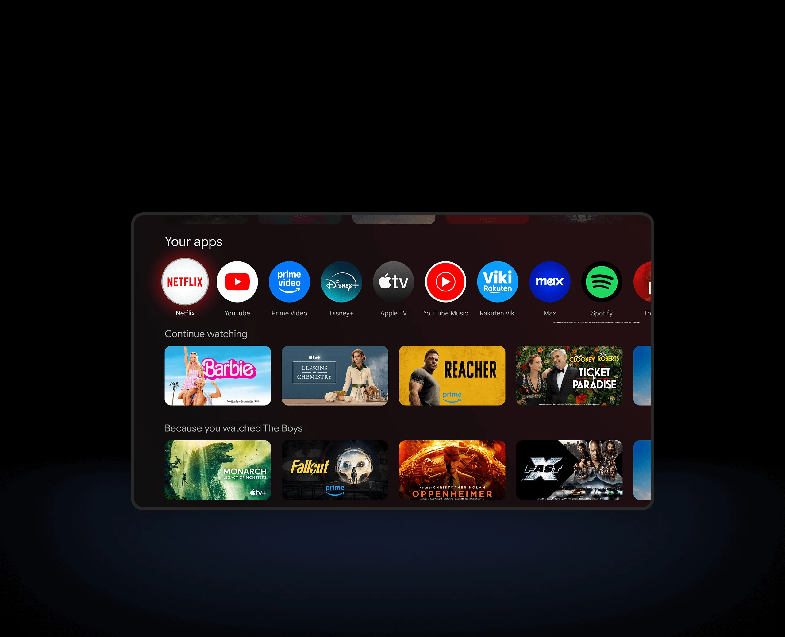 Google TV home screen showing Netflix, YouTube, Prime Video, Disney+ and other apps
