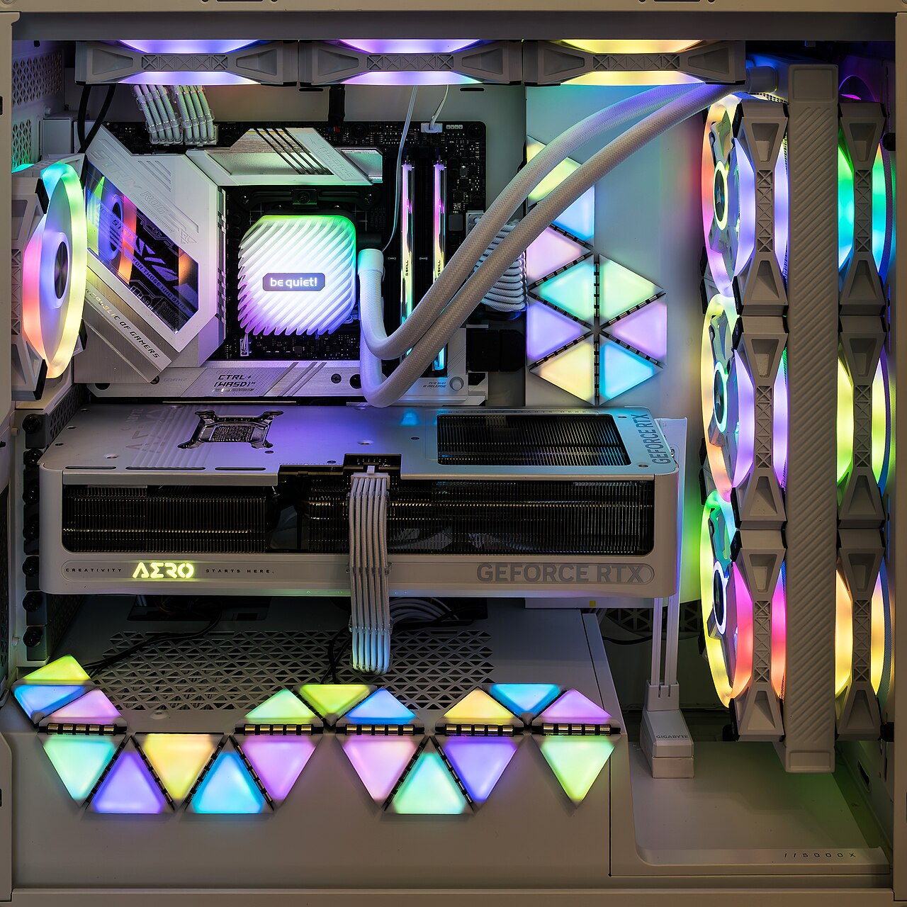 Custom white gaming PC with GeForce RTX graphics card and RGB lighting