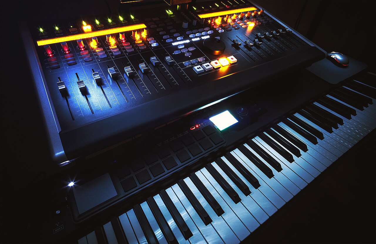 DAW control surface and MIDI keyboard lit up in a home studio