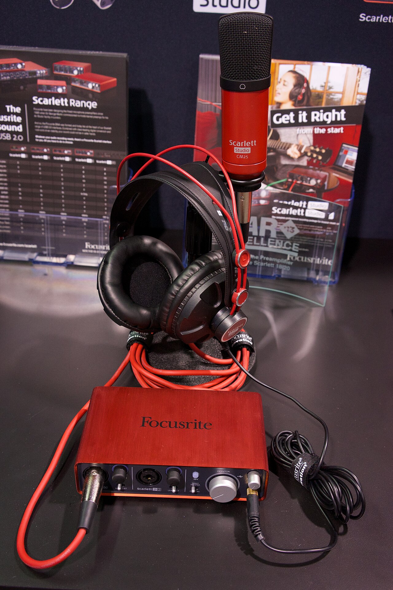 Focusrite Scarlett audio interface with studio microphone and headphones